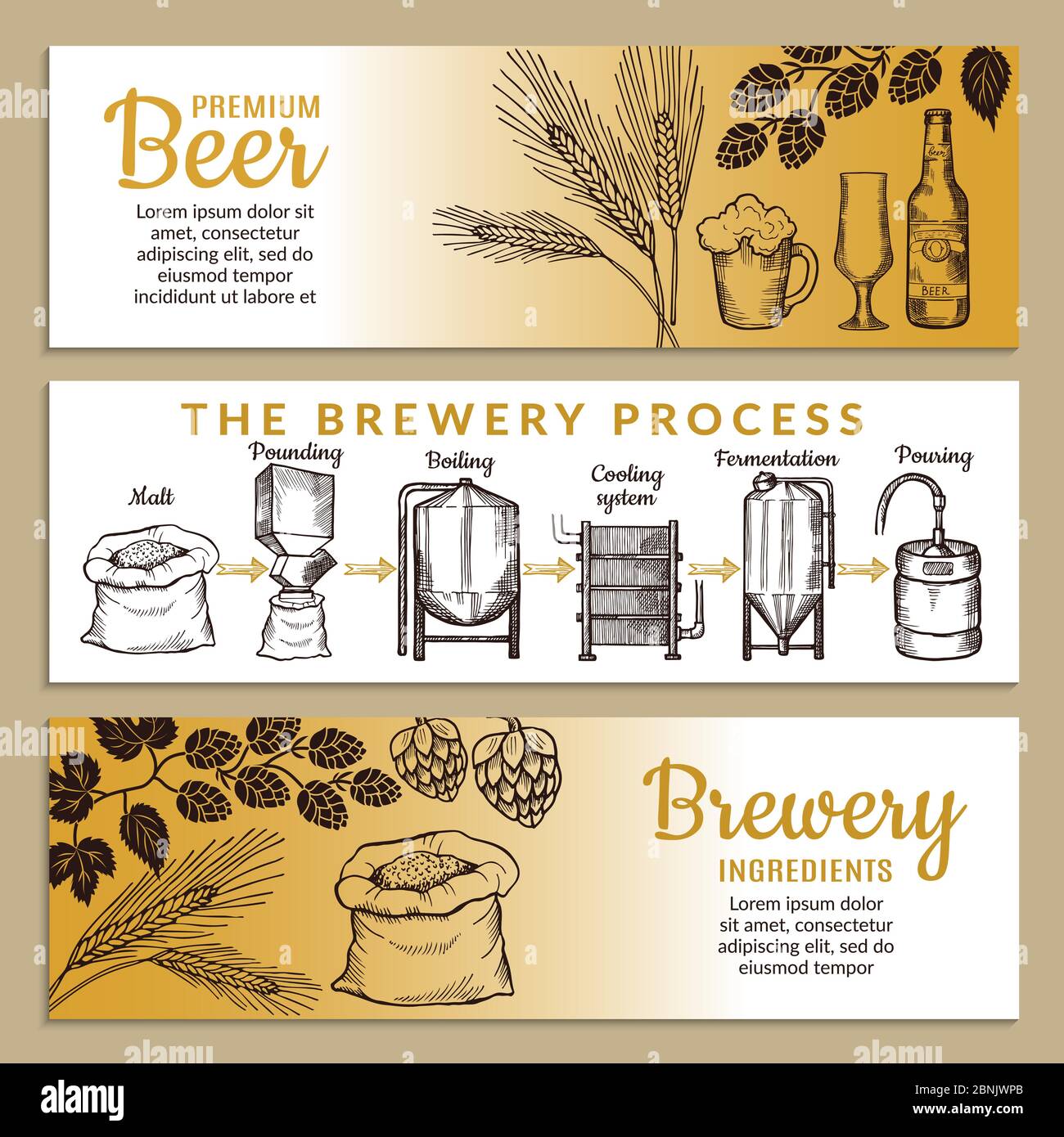 Banners set of brewery. Illustration of beer production Stock Vector