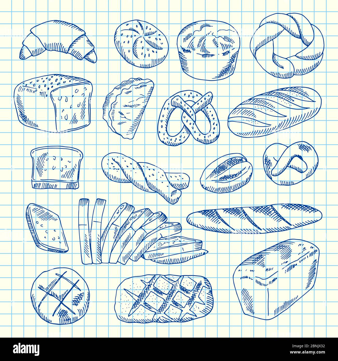 Vector hand drawn contoured bakery elements Stock Vector