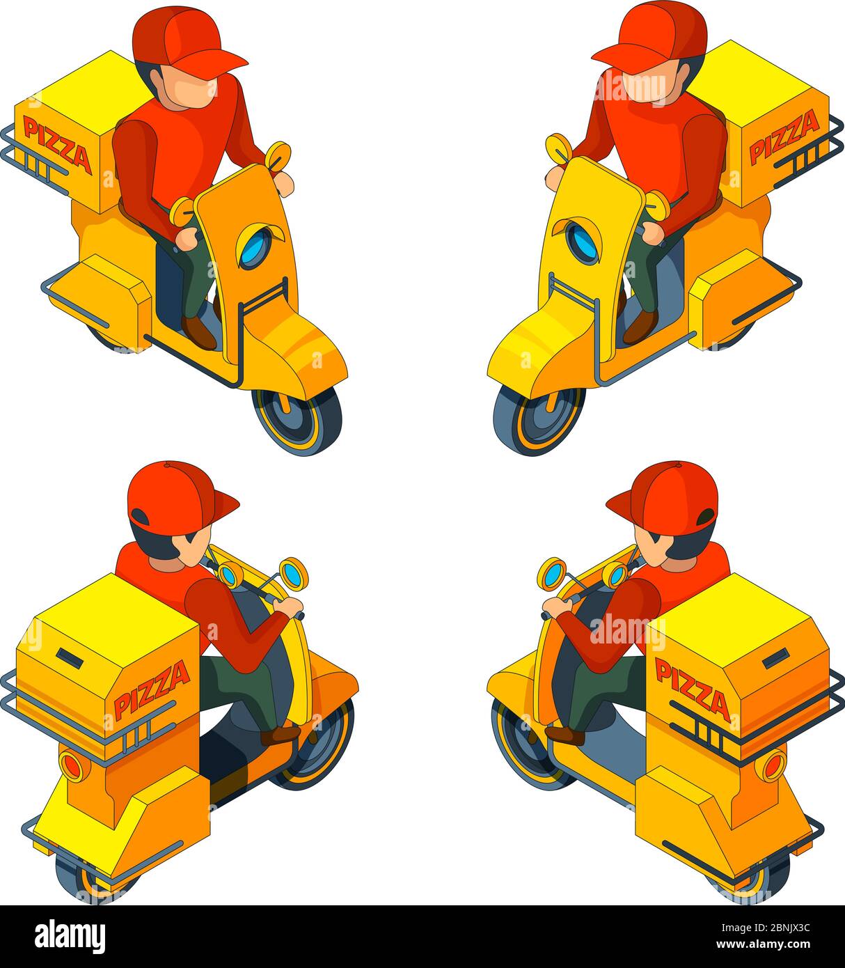 Pizza delivery man on bike. Vector isometric several views of pizza delivery character Stock Vector