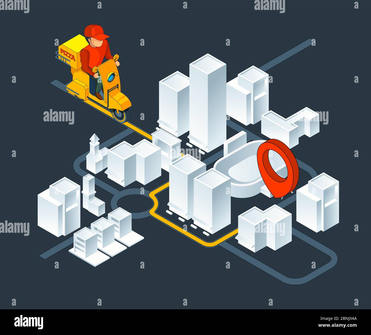 Urban 3d Map Navigation Isometric Map With Delivery Pizza Navigation Route Stock Vector Image 