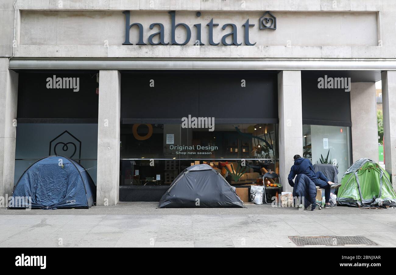 Homeless people's tents erected outside a furniture store in Tottenham  Court Road, London, after the introduction of measures to bring the country  out of lockdown Stock Photo - Alamy