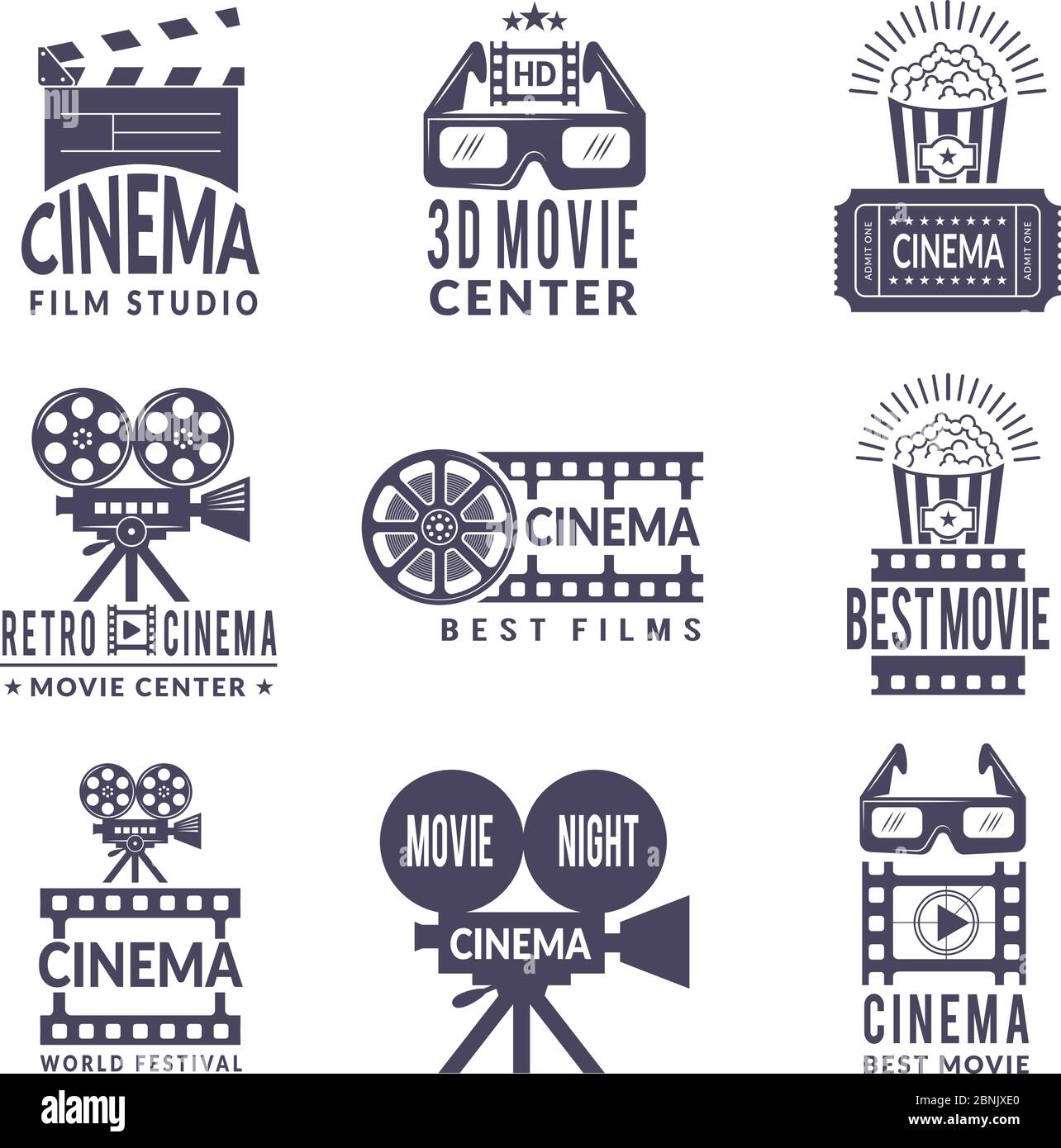 Cinema labels set. Badges with black pictures at cinema and video production industry Stock Vector