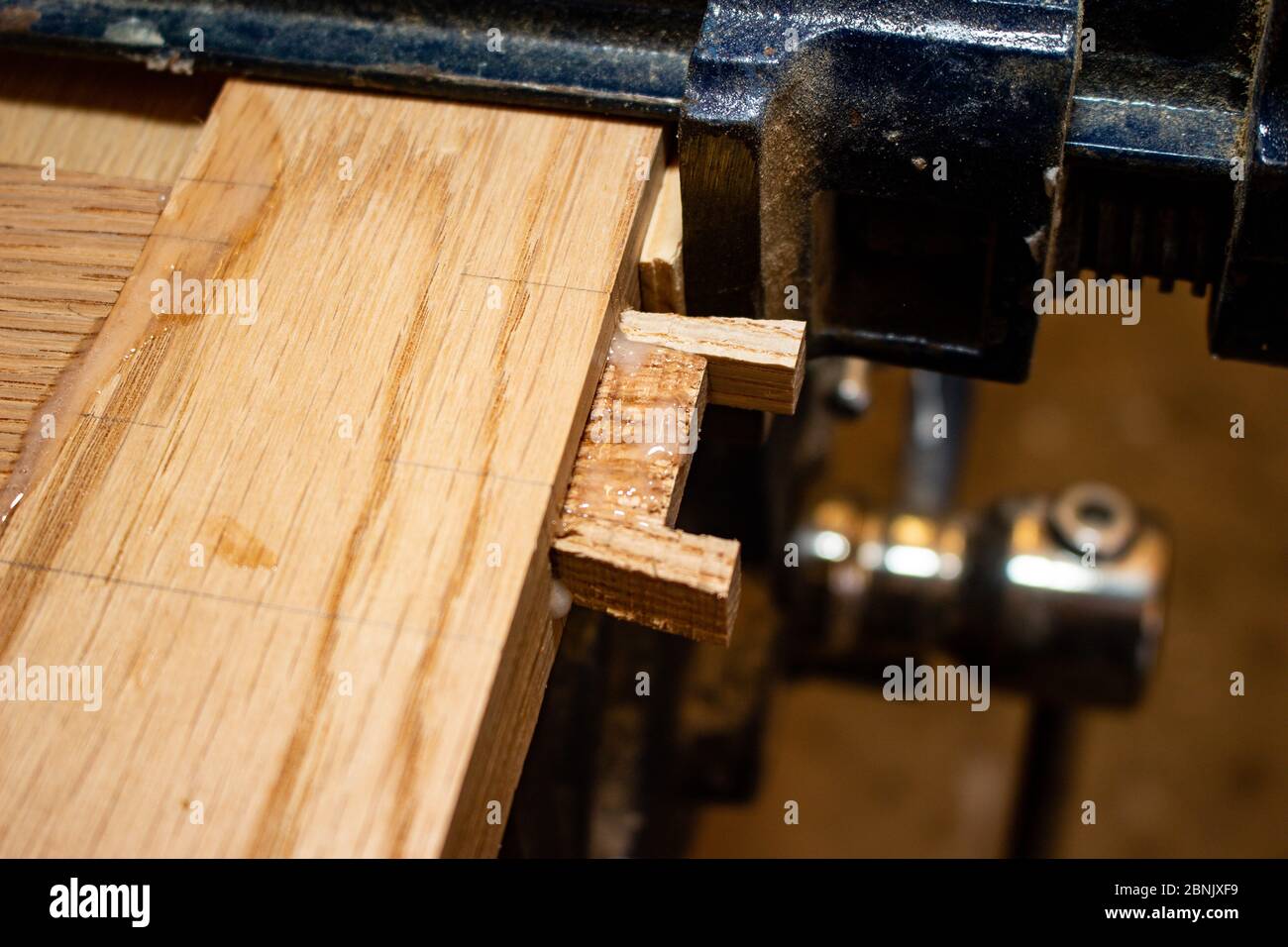 Mortise and tenon joint, traditional joinery using American White Oak Stock Photo