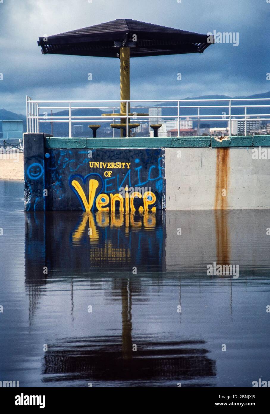 Venice, California, USA - Apr 1981: Venice Beach, California, flooded after a heavy rainstorm.  Scanned 35mm film. Stock Photo