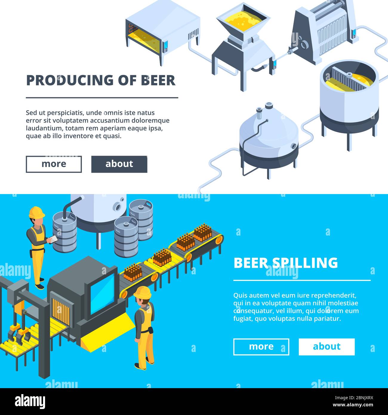 Brewery banners. Vector isometric illustrations of beer production Stock Vector
