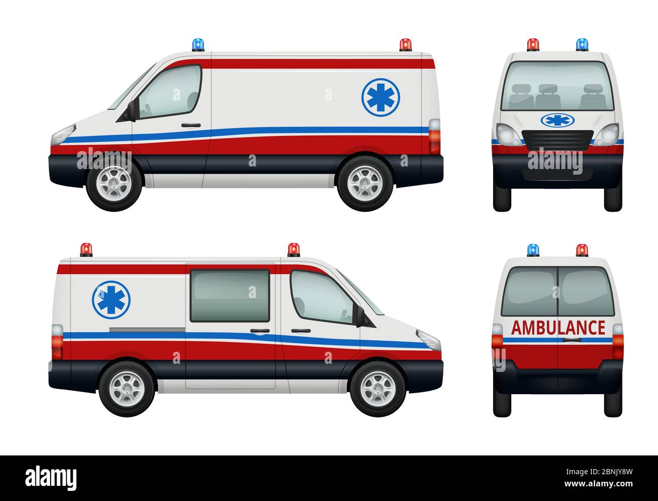 Ambulance service cars. Various views of ambulance Stock Vector
