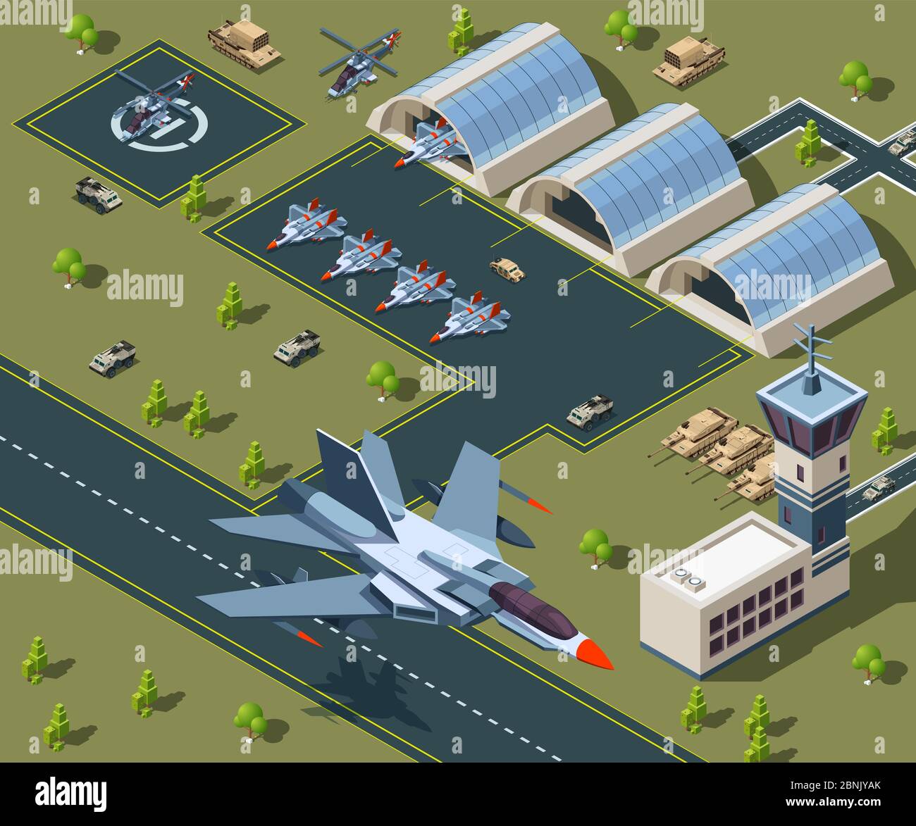 Military airport isometric. Low poly 3d of usa aircraft Stock Vector