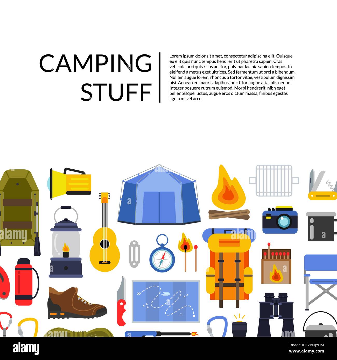 Vector flat style camping elements background illustration Stock Vector