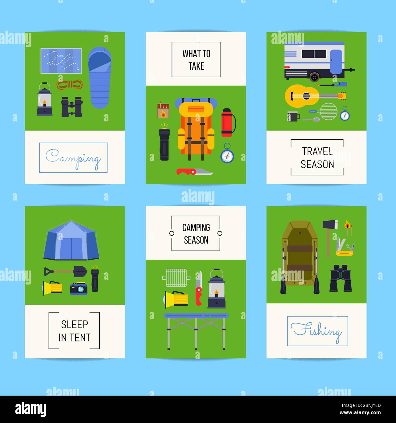 Vector set of cards with flat style camping elements Stock Vector