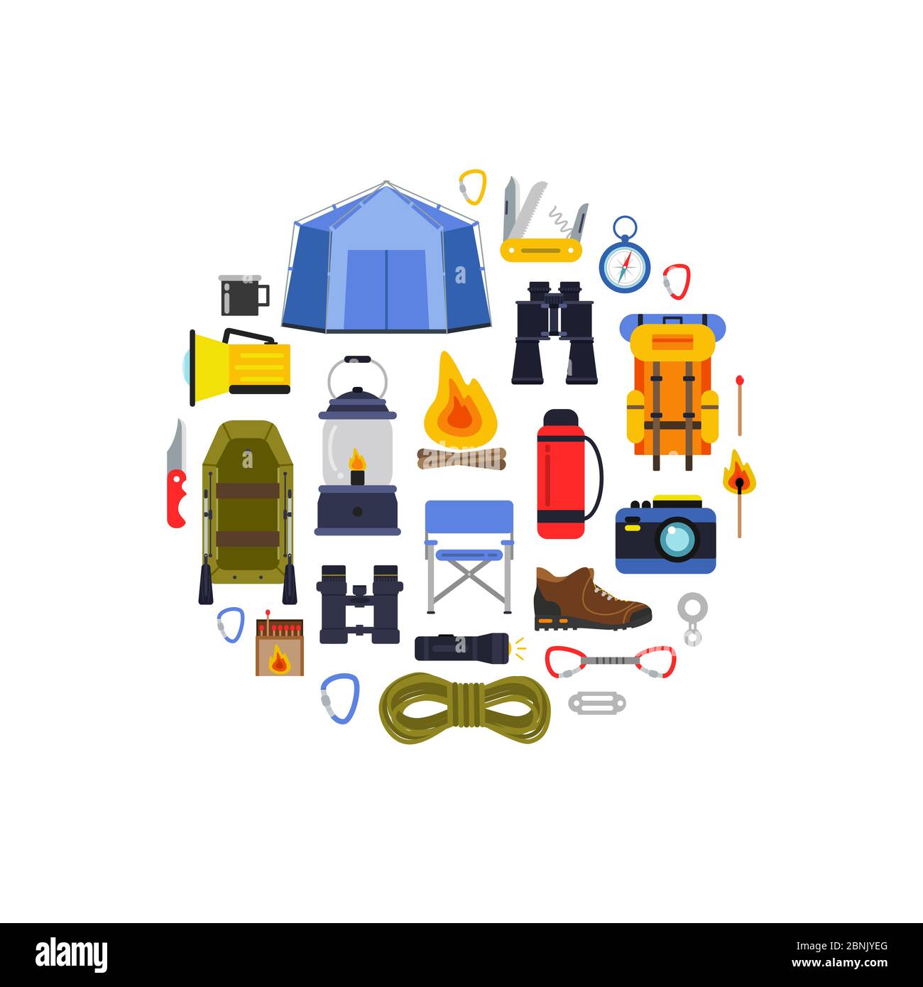 Vector flat style camping elements gathered in circle illustration