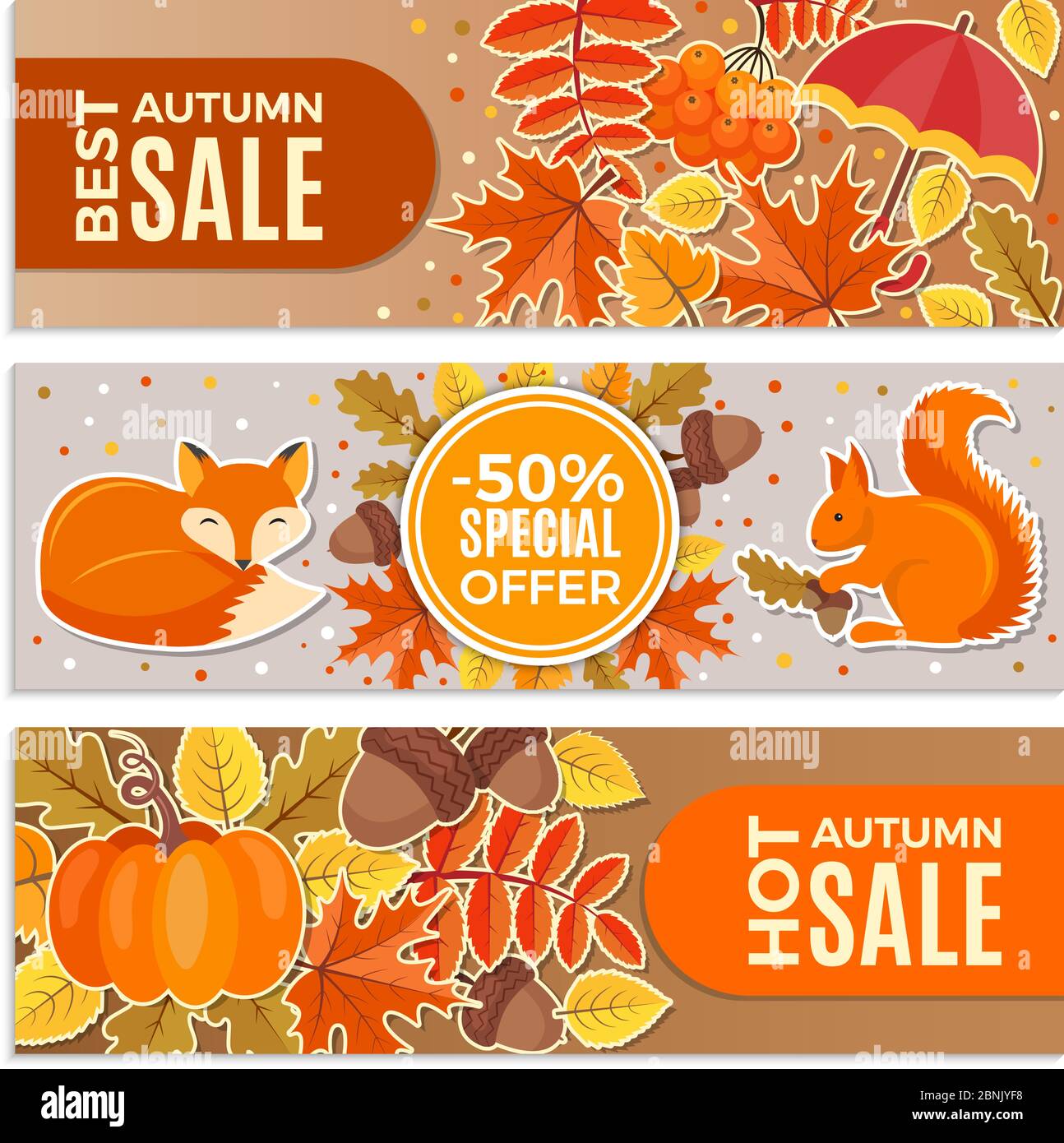 Banners of autumn sales. Autumn leaves, squirrel, fox and acorns vector ...