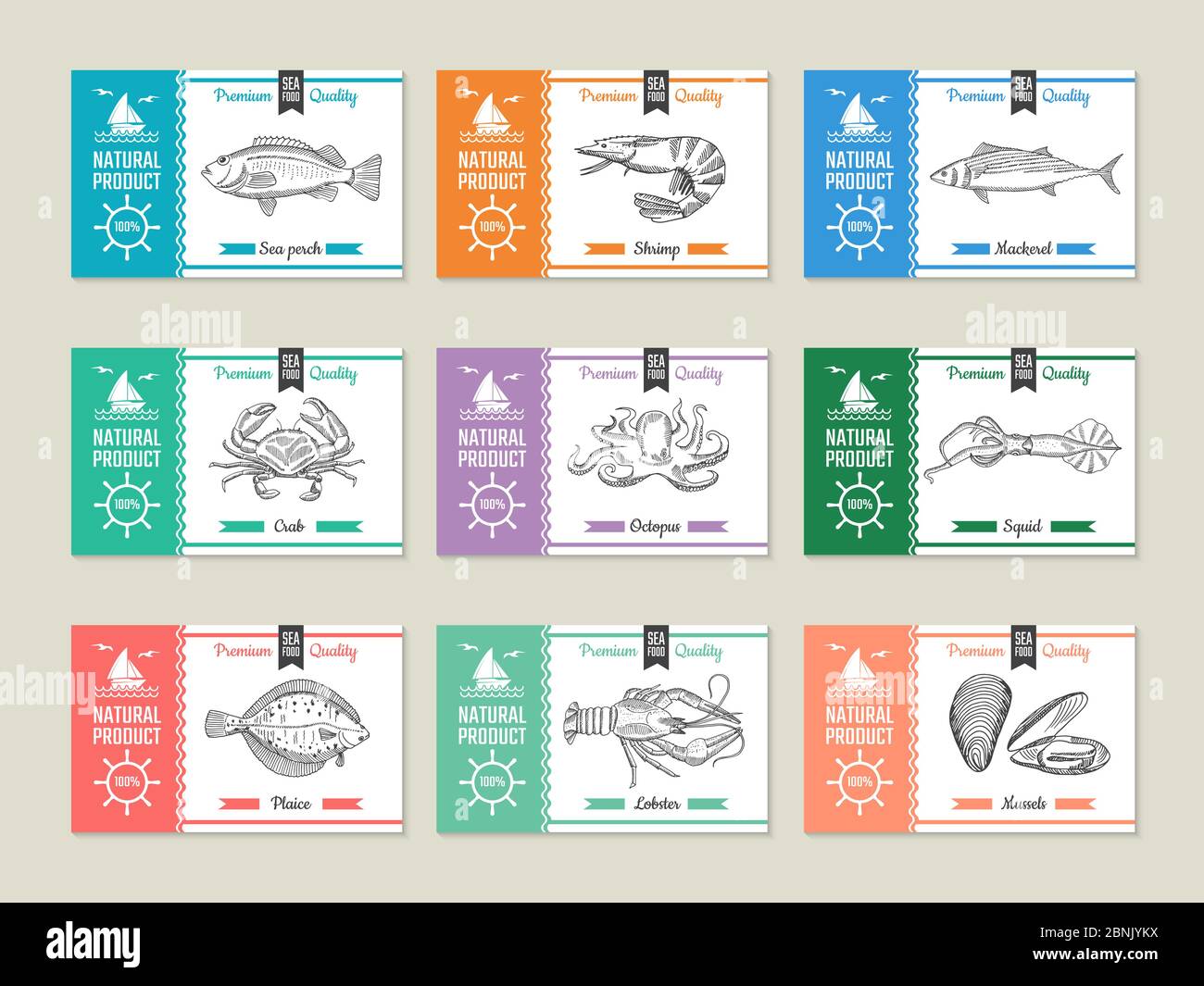 Seafood labels. Design template with hand drawn illustrations of fish and  other seafood Stock Vector Image & Art - Alamy