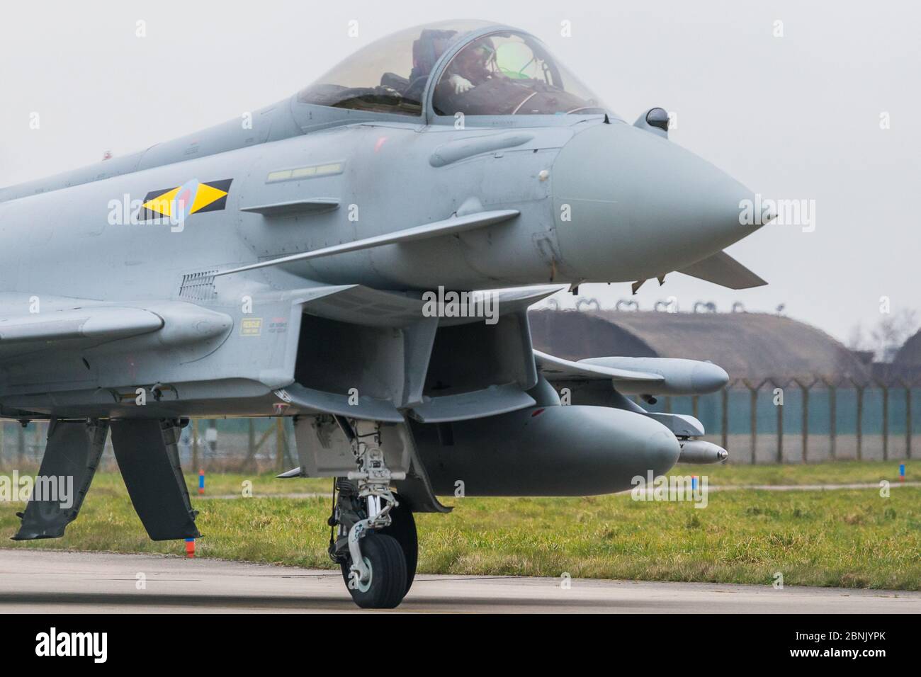 RAF Typhoon FGR4 taxiing to the runway at Conningsby in March 2016. Stock Photo