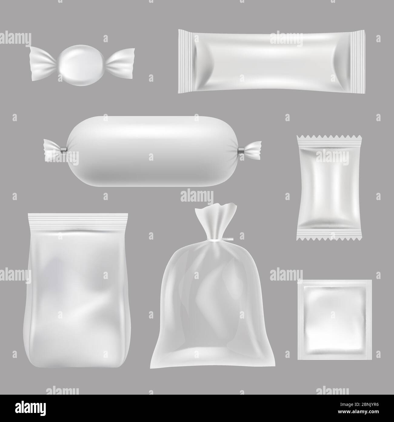 Plastic bags. Polyethylene food packages. Vector realistic pictures