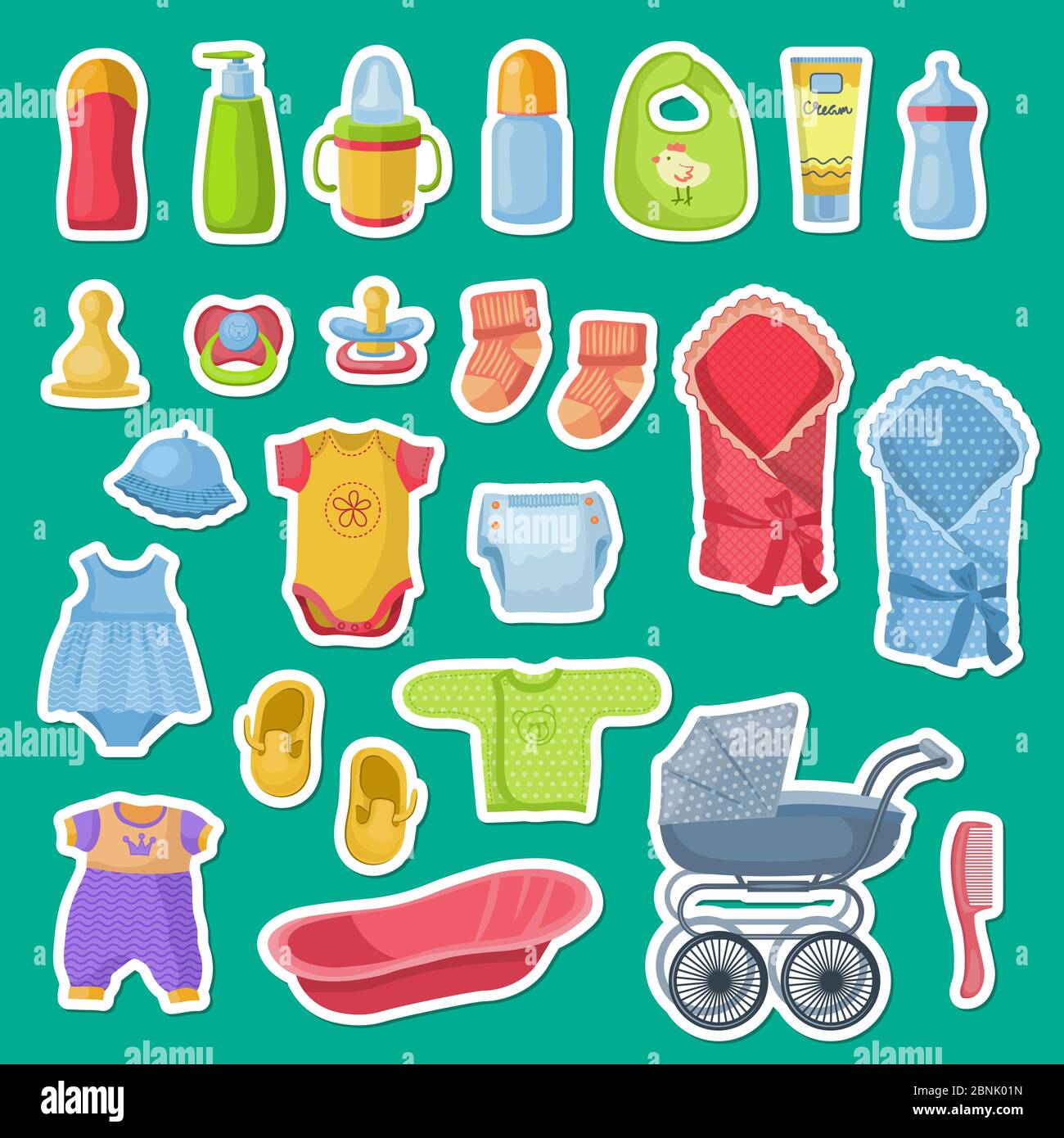 Vector baby accessories stickers isolated on blue background Stock