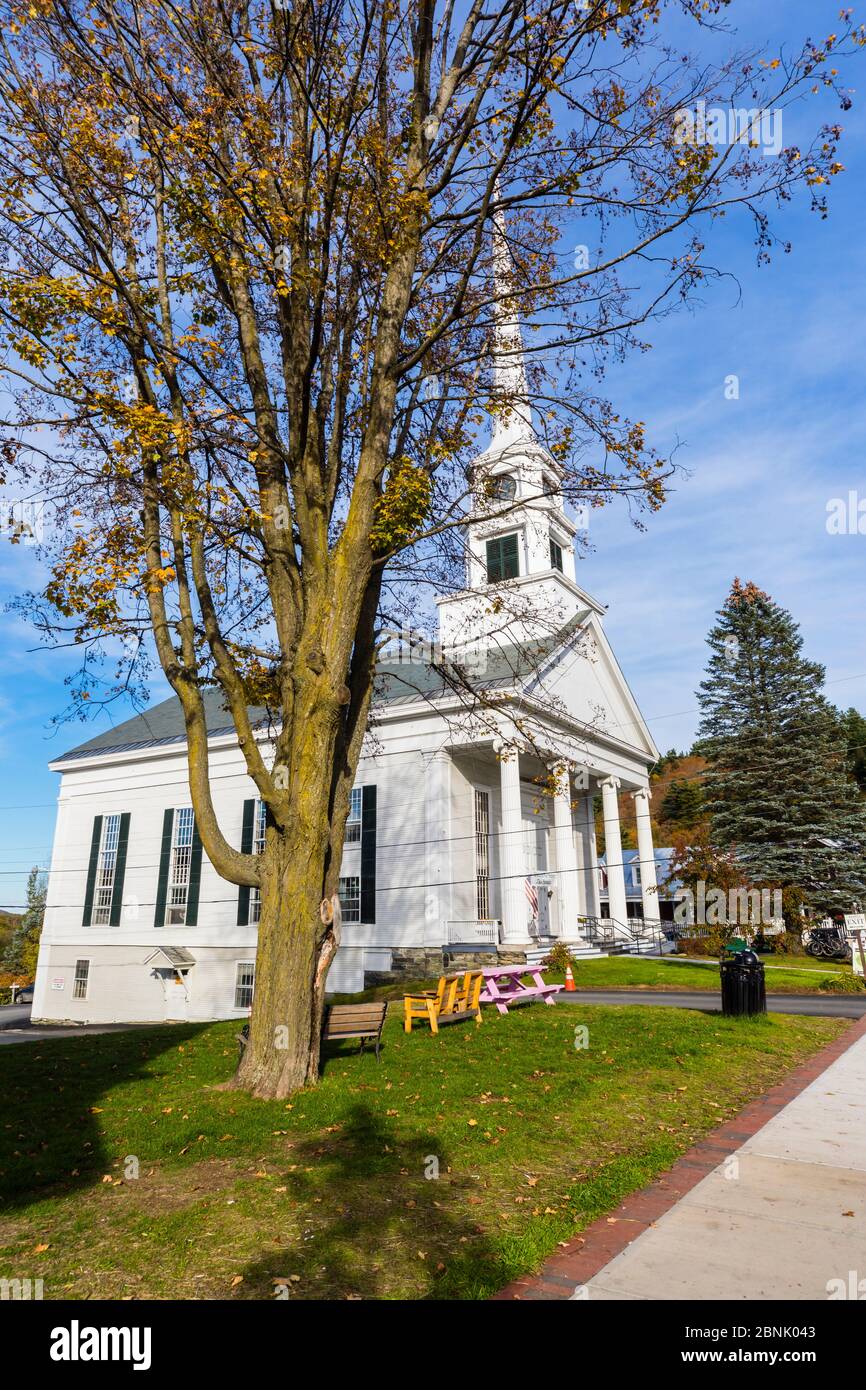 View of the famous nondenominational Stowe Community Church in Main