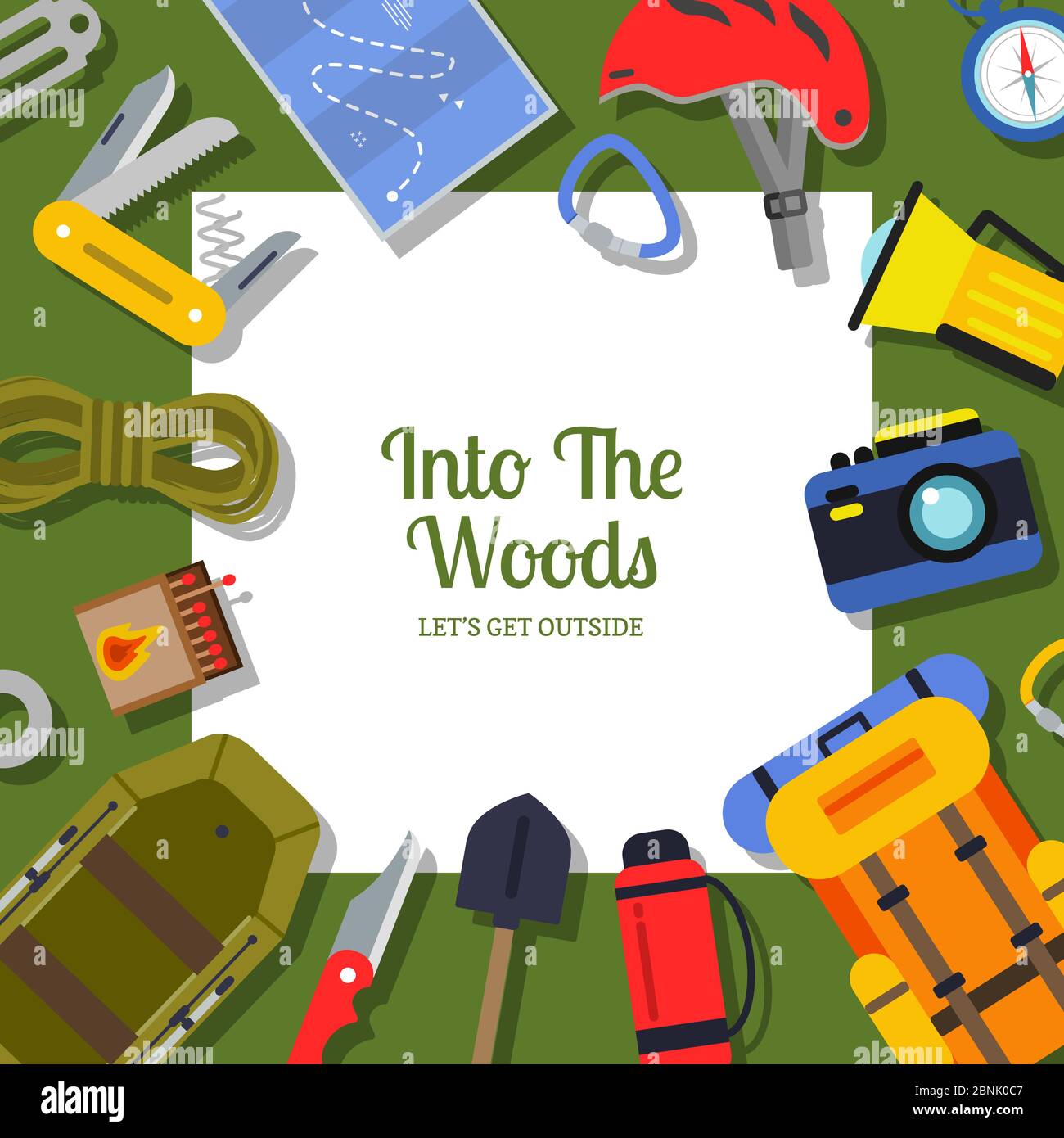 Vector flat style camping elements background illustration with place ...