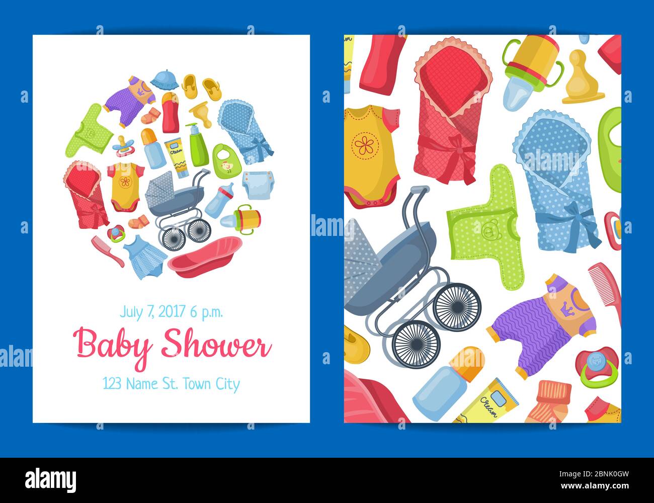Vector baby shower invitation card template with baby accessories Stock