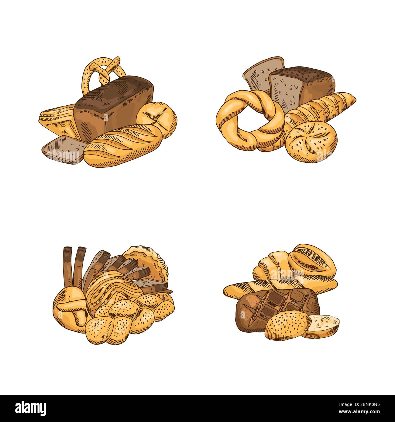 Vector set of piles of hand drawn colored bakery elements isolated on ...