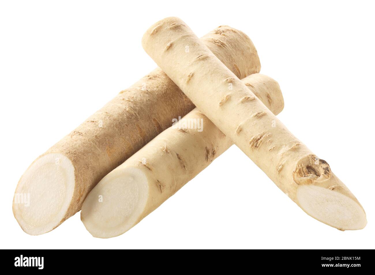 Cut Horseradish roots (Armoracia rusticana taproot), isolated Stock Photo