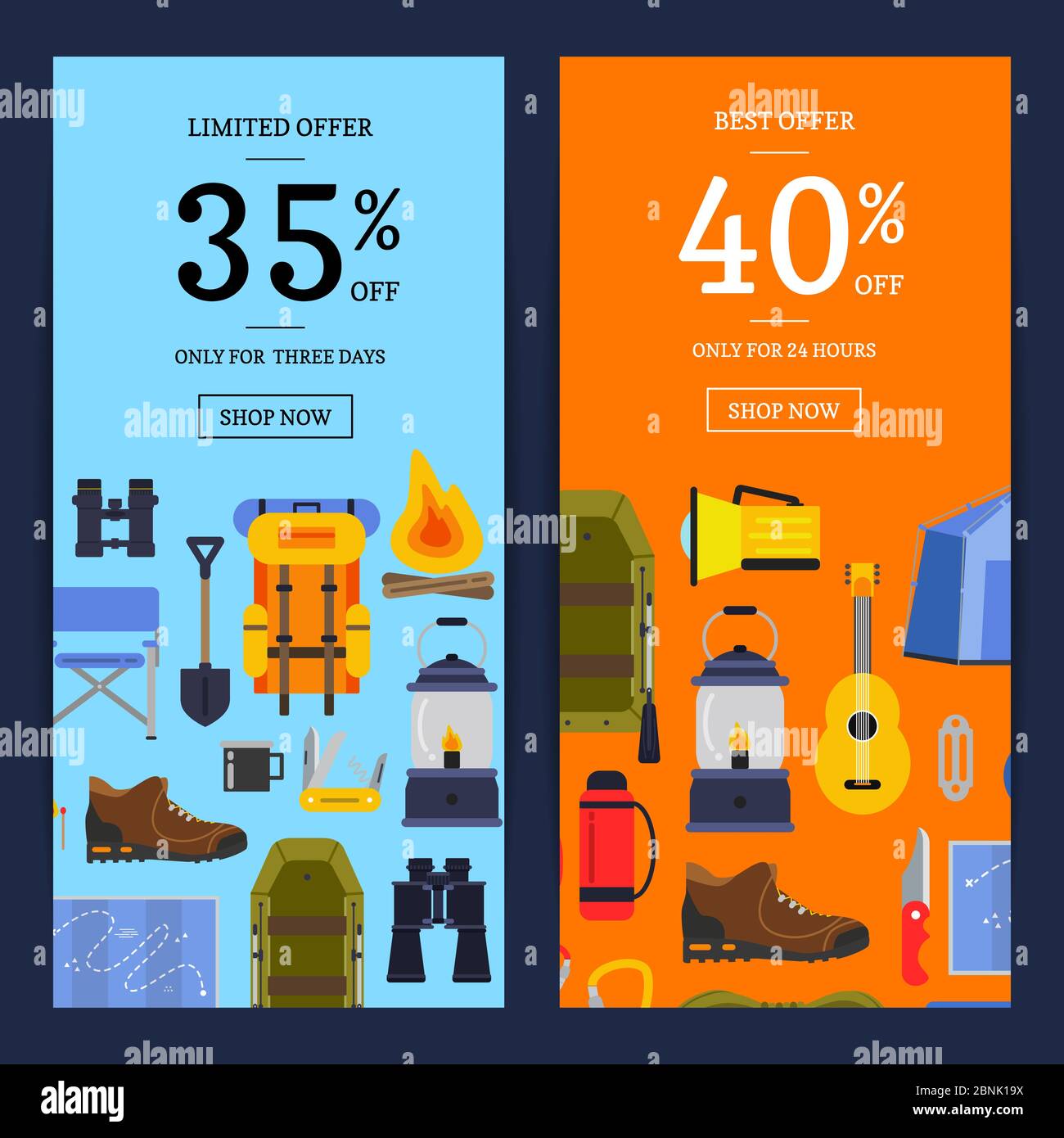 Vector flat style camping elements sale banners illustration Stock ...