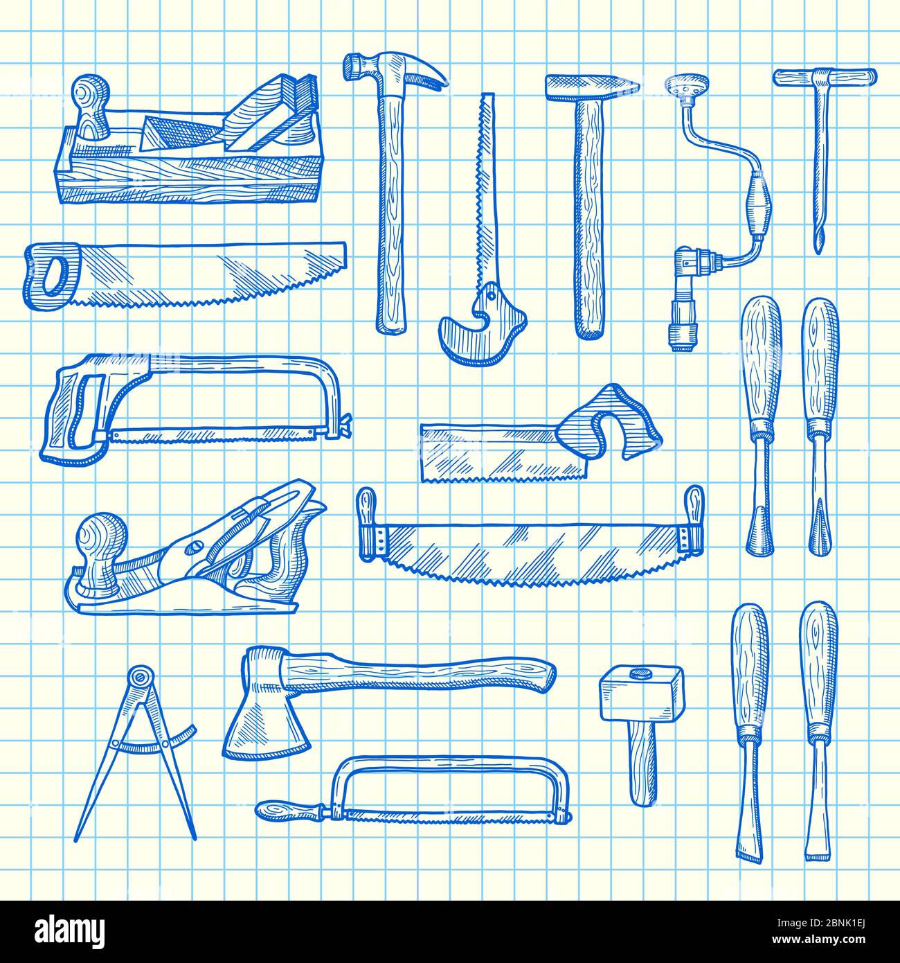 Vector hand drawn carpentry elements set on blue cell sheet background illustration Stock Vector