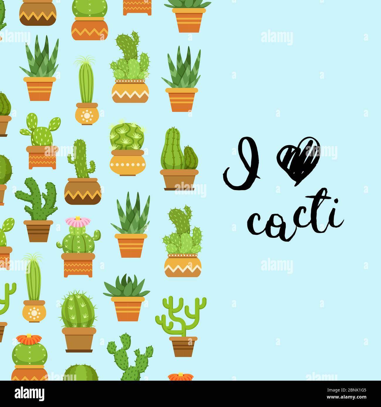 Vector cacti in plant pots illustration with lettering I love cacti ...