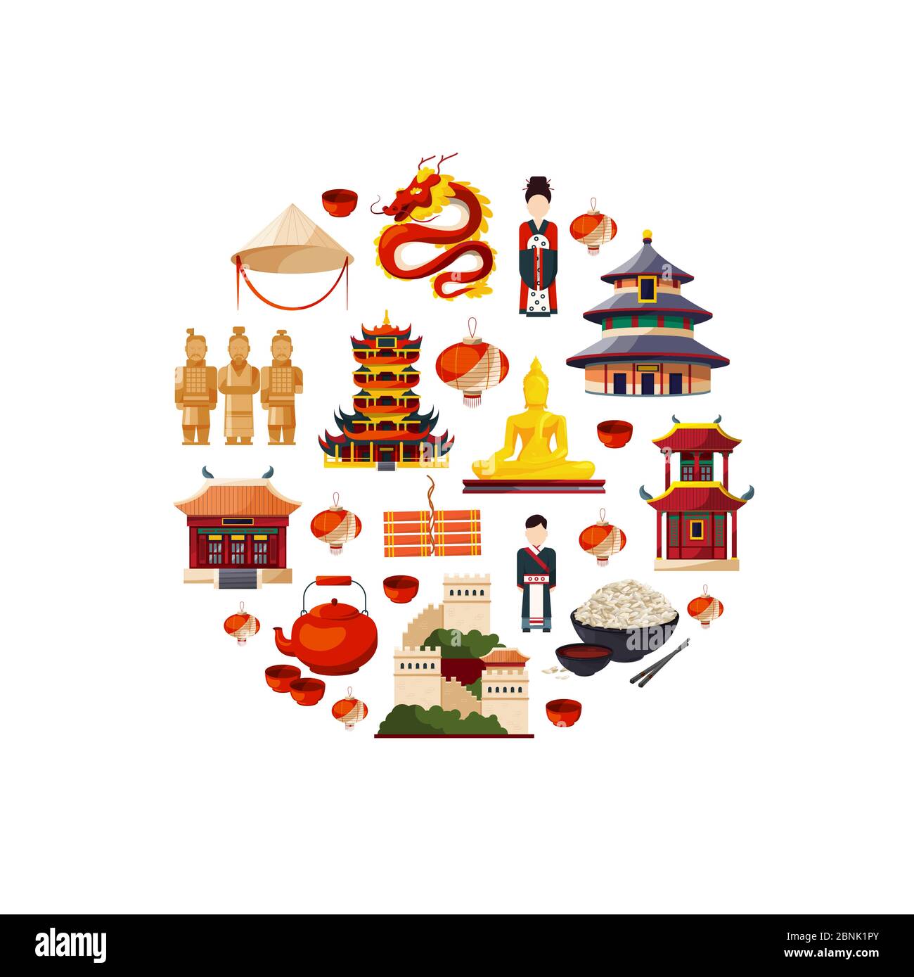 Vector flat style china elements and sights gathered in circle illustration Stock Vector