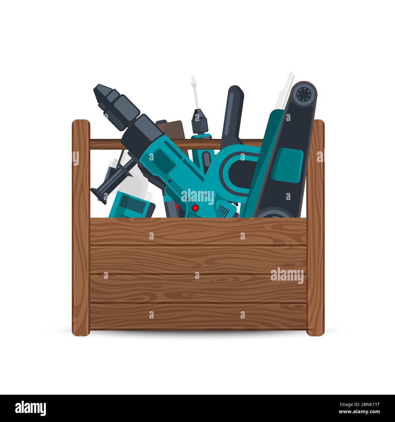 Vector wooden box with electric construction tools isolated on white background Stock Vector