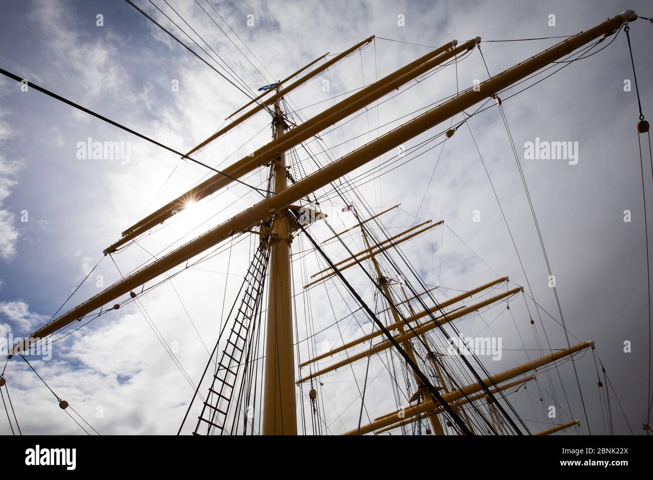 Wewelsfleth, Germany. 15th May, 2020. View into the rigging of the four ...