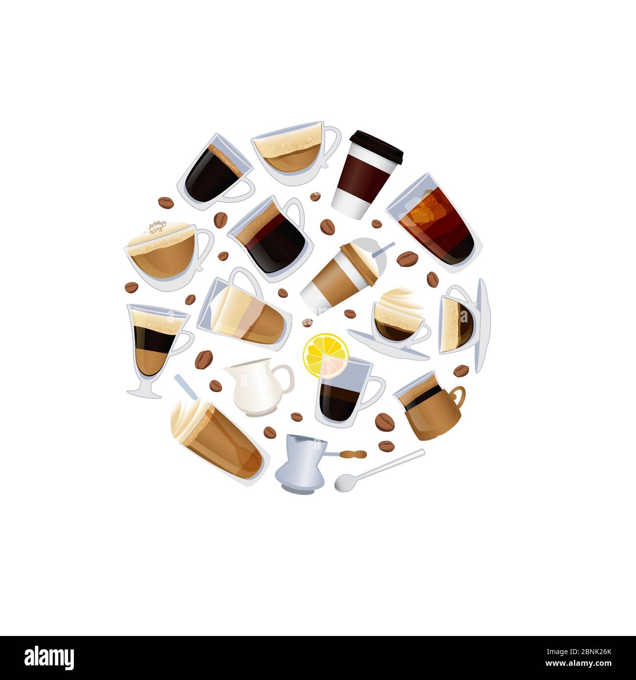 Vector different types of coffee with beans illustration Stock Vector