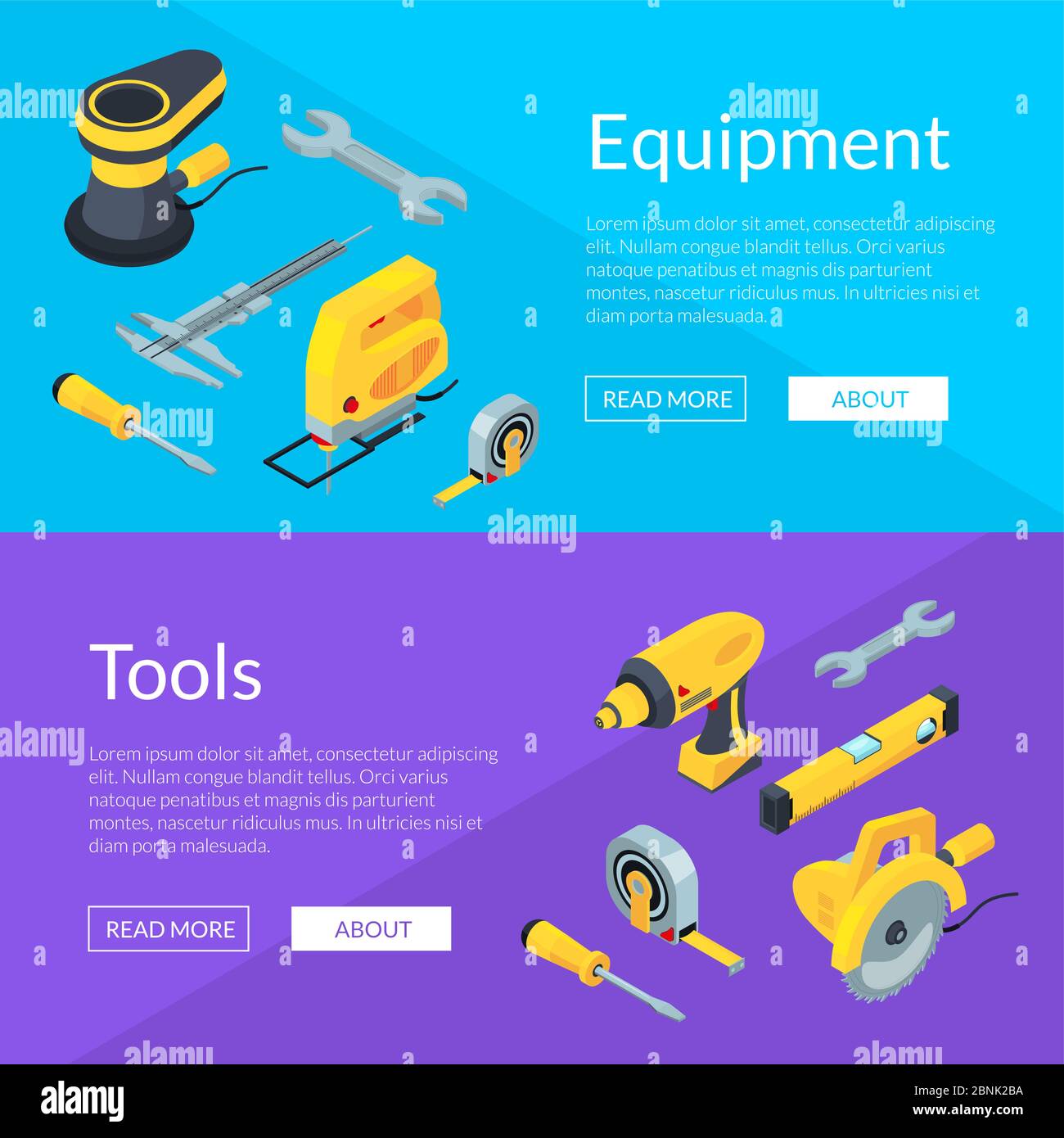 Vector construction tools isometric icons horizontal web banners illustration Stock Vector
