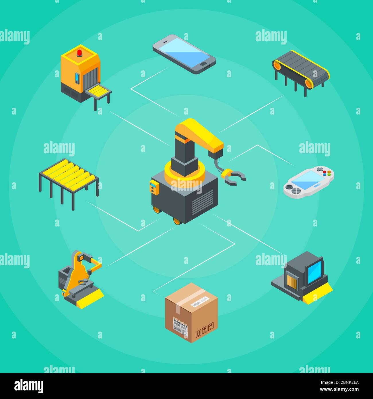Vector isometric conveyor elements infographics concept illustration Stock Vector