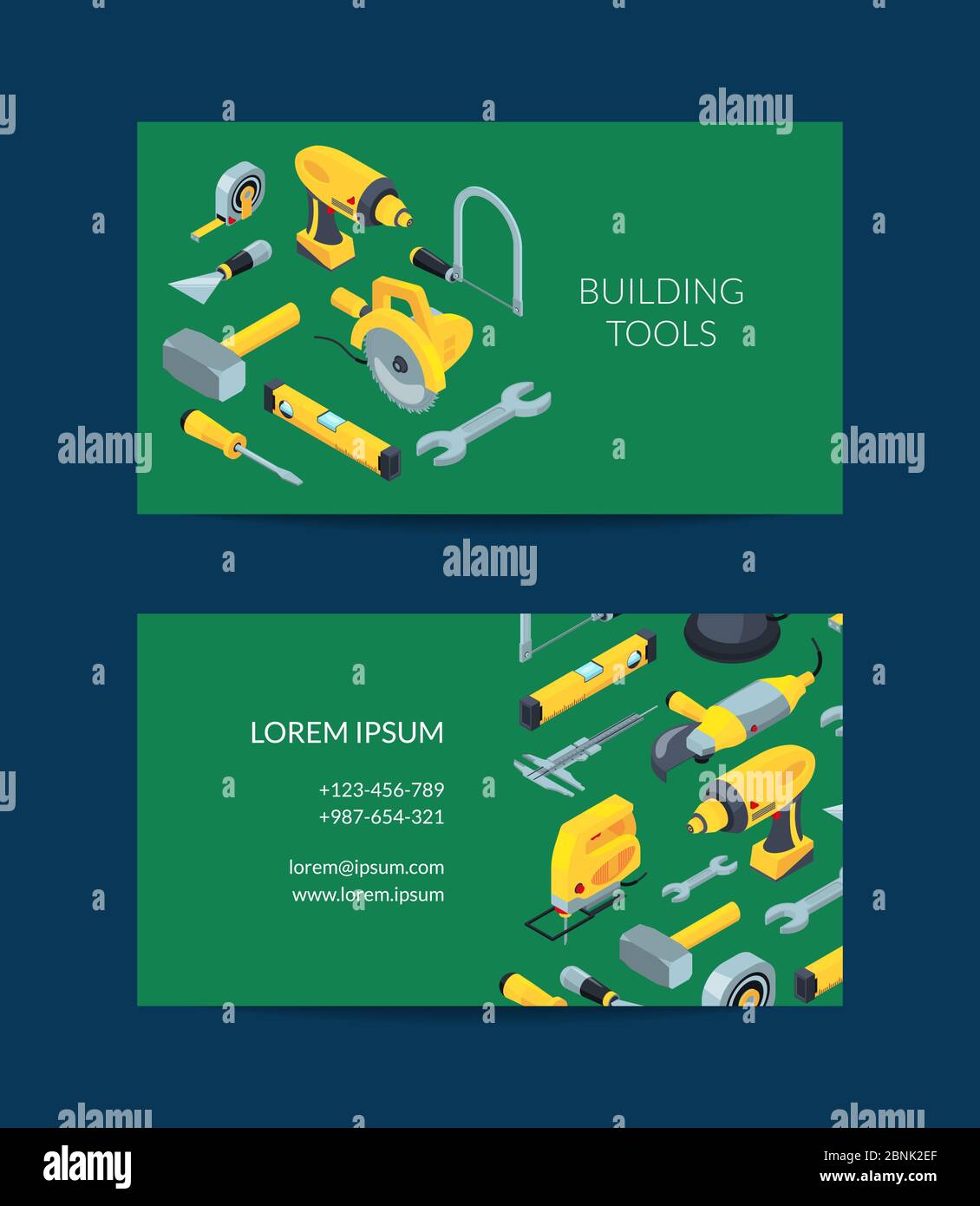 Vector construction tools isometric icons card template Stock Vector