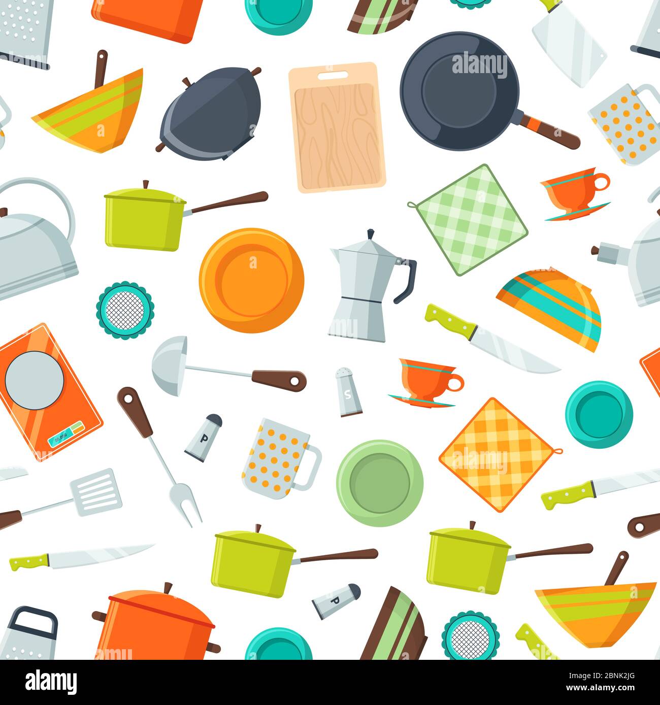 Vector kitchen utensils flat icons background or pattern illustration Stock Vector