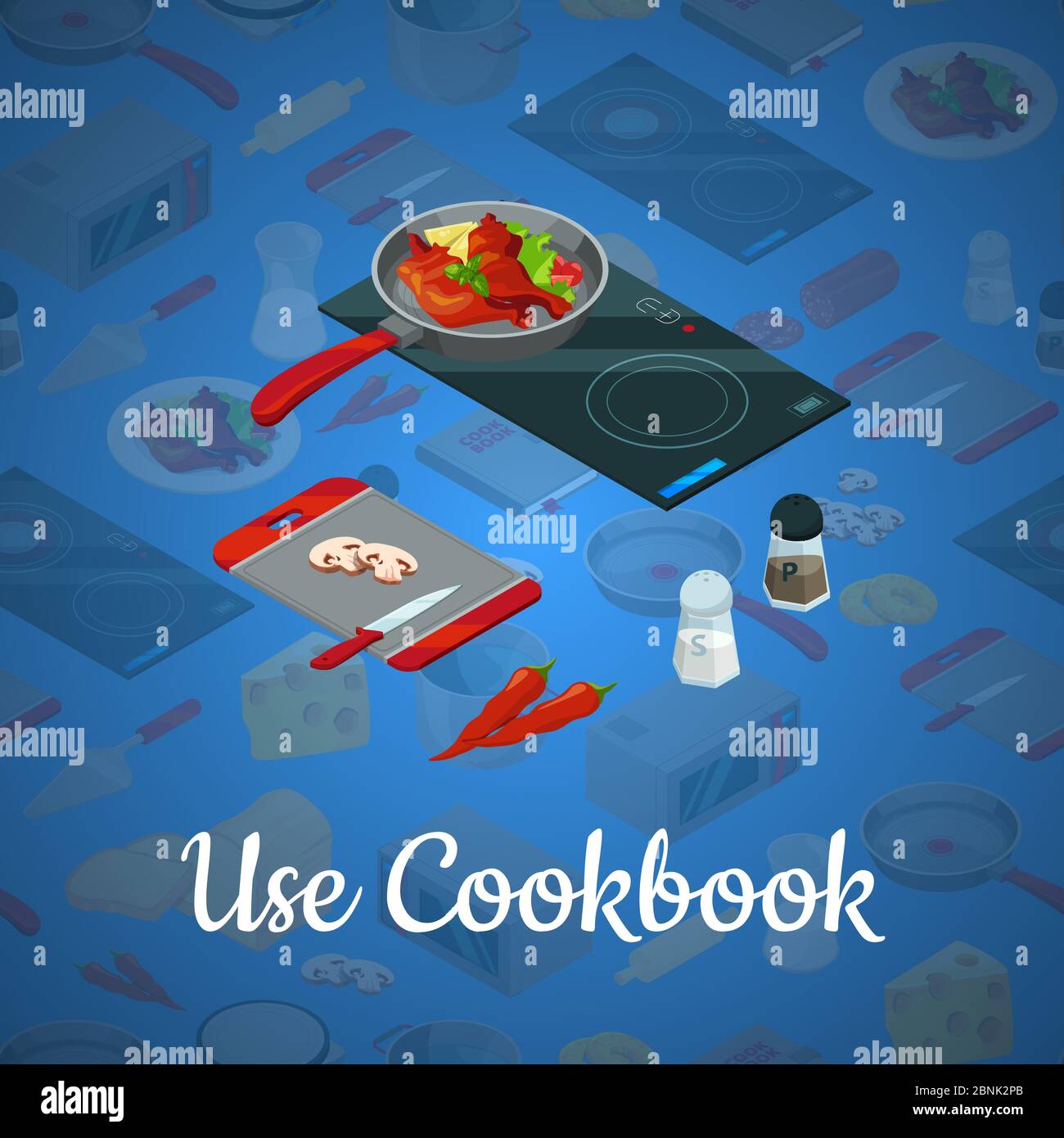 Vector cooking food isometric blue background illustration Stock Vector ...