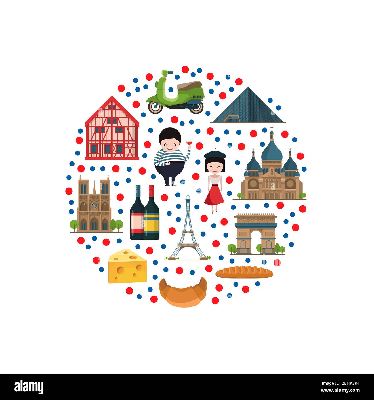 Vector cartoon France sights and objects illustration Stock Vector