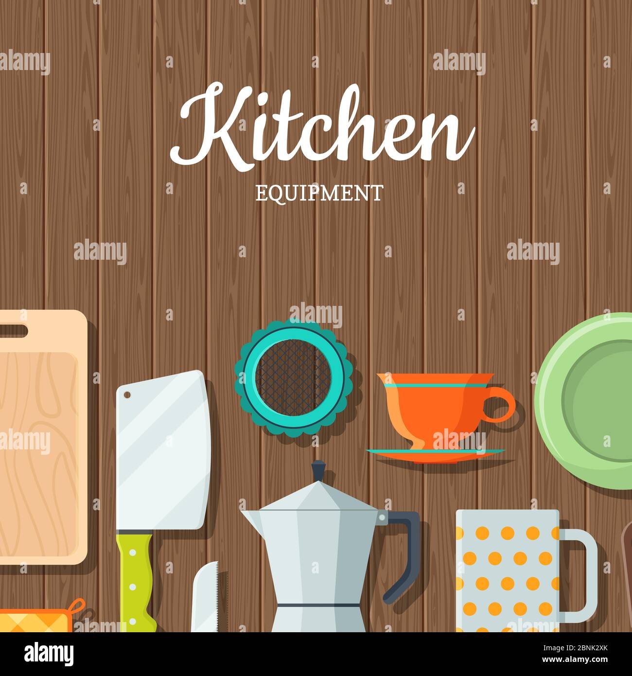 Vector kitchen utensils flat icons on wooden texture Stock Vector Image ...