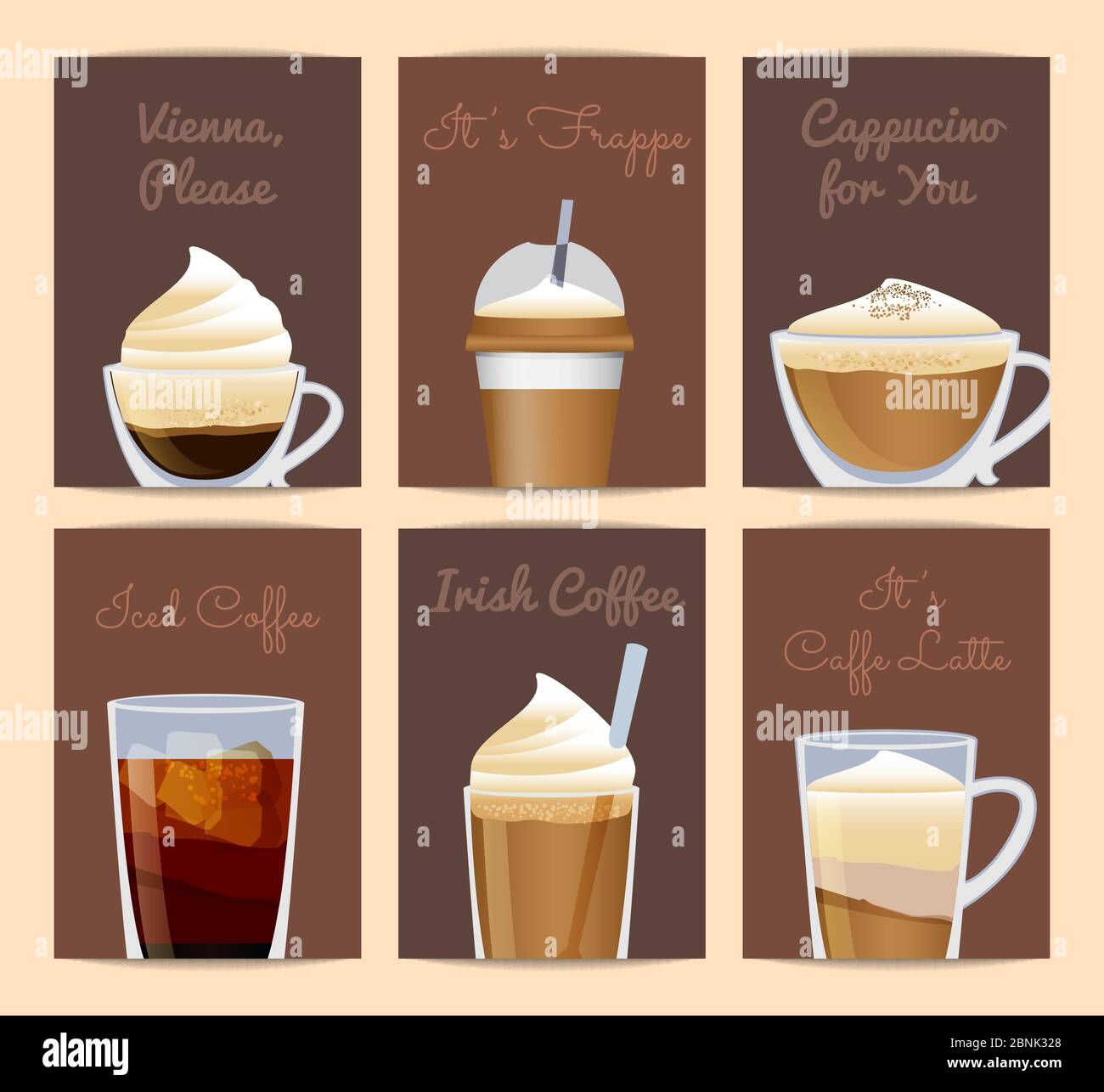 Vector different filled coffee cups card templates with place for text Stock Vector