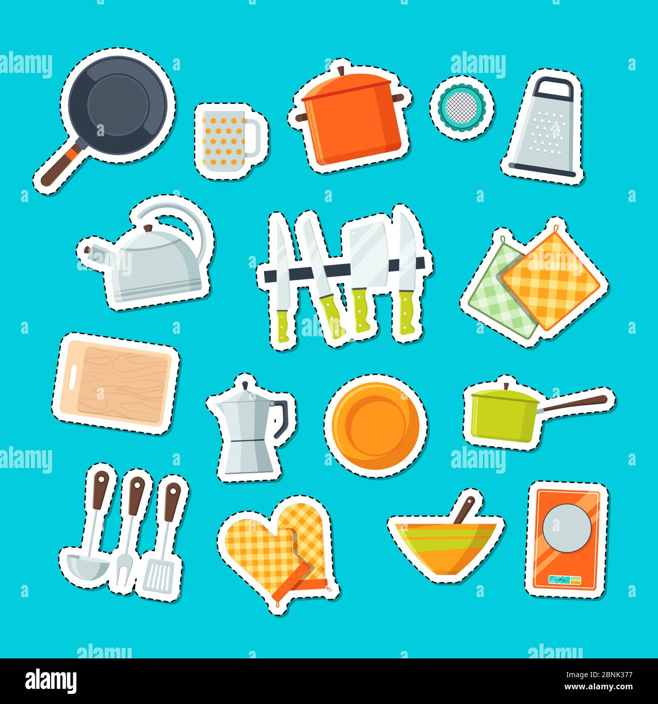 Vector utensils flat icons stickers set illustration Stock Vector
