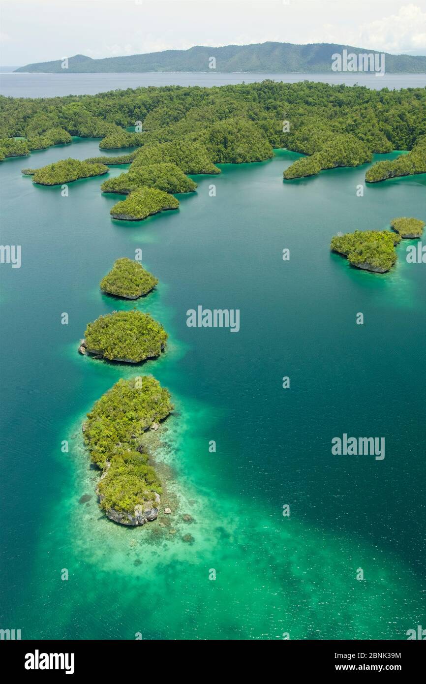 Aerial view of islands and peninsulas of Gam Island, projecting into Gam Bay.  Raja Ampat Islands, West Papua, Indonesia. Stock Photo
