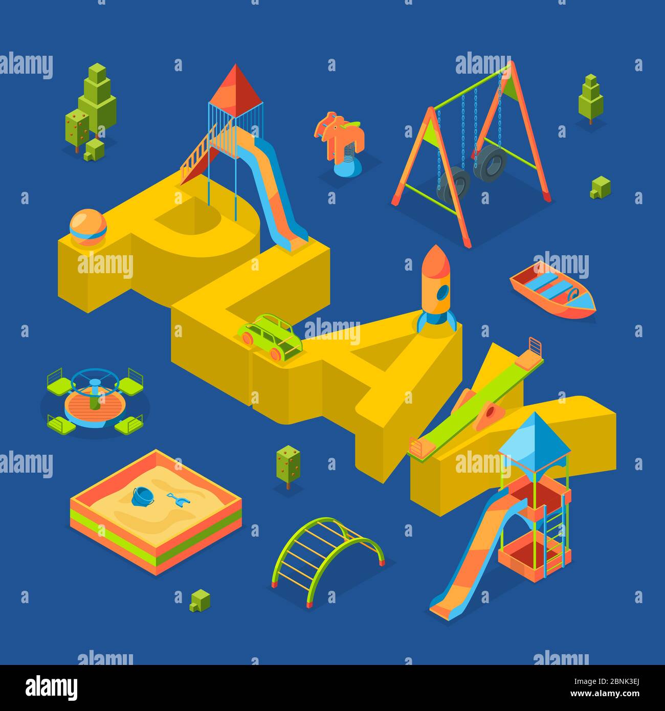 Vector isometric playground objects around word play concept ...