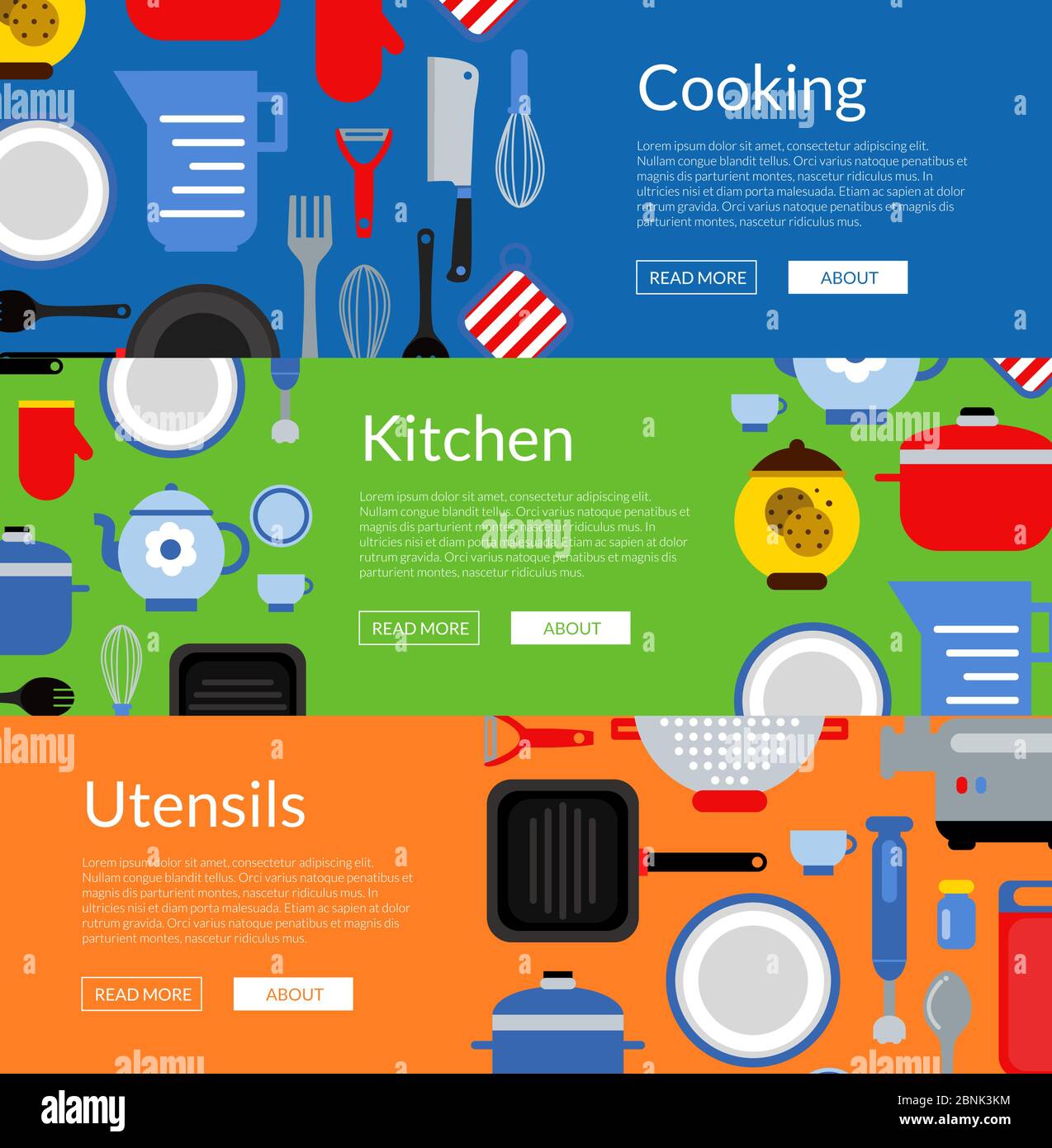 Vector flat style kitchen utensils horizontal web banners illustration Stock Vector