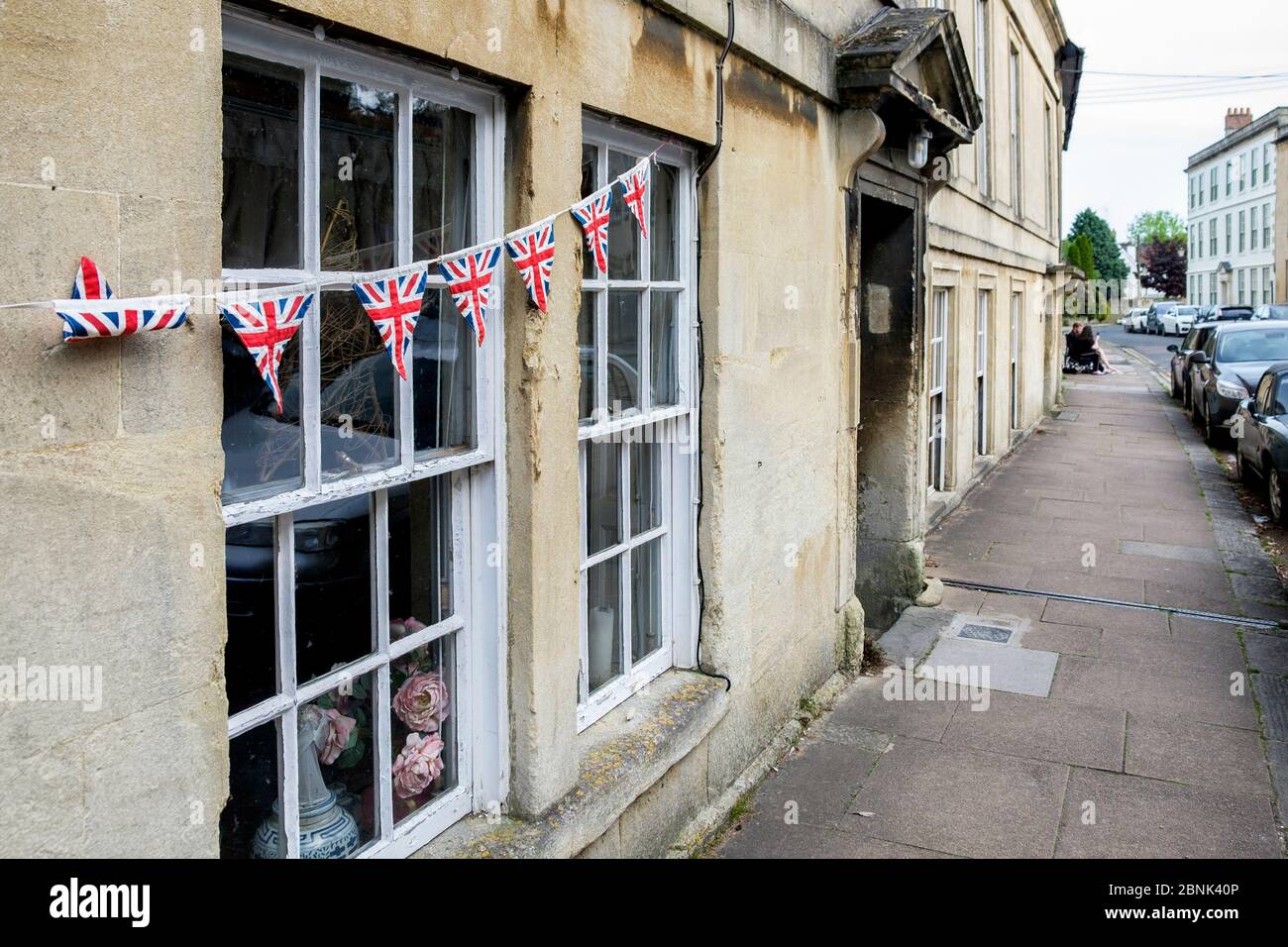 Union Jack flags and bunting is pictured on houses in Chippenham, Wiltshire as the UK commemorates the 75th Anniversary of VE Day Stock Photo