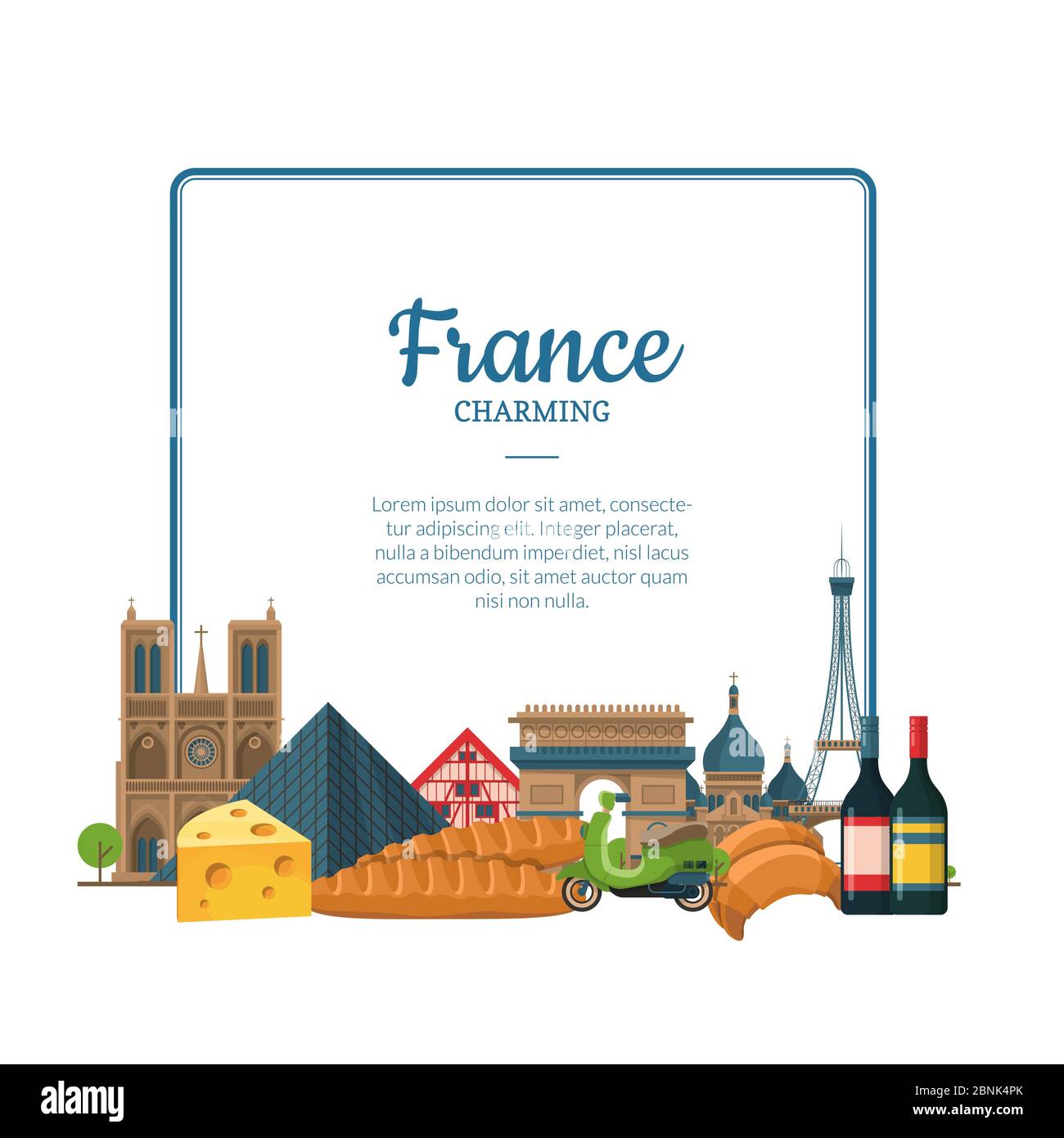 Vector cartoon France sights and objects. Paris text frame Stock Vector