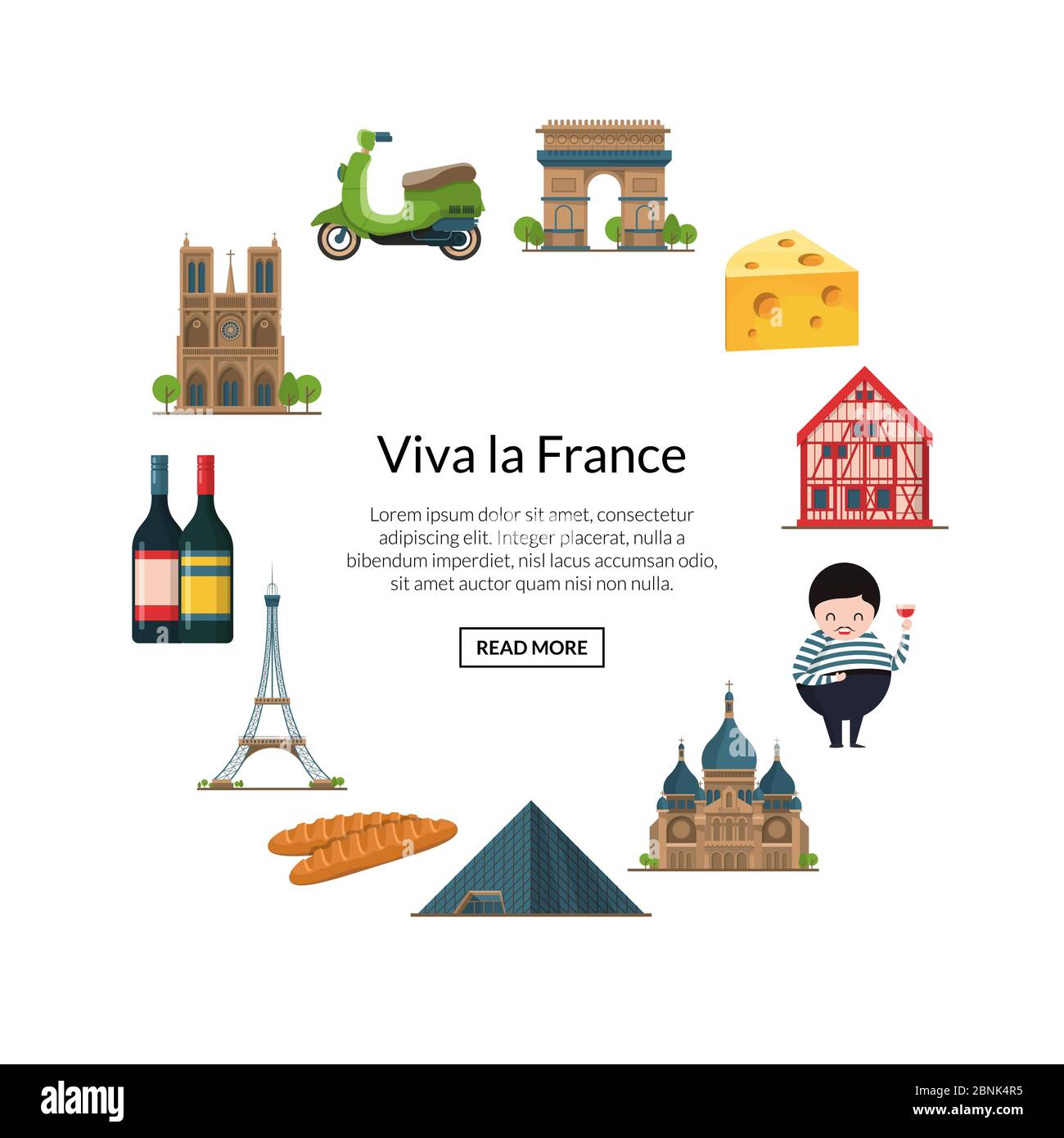 Paris elements. Vector cartoon France sights on white Stock Vector