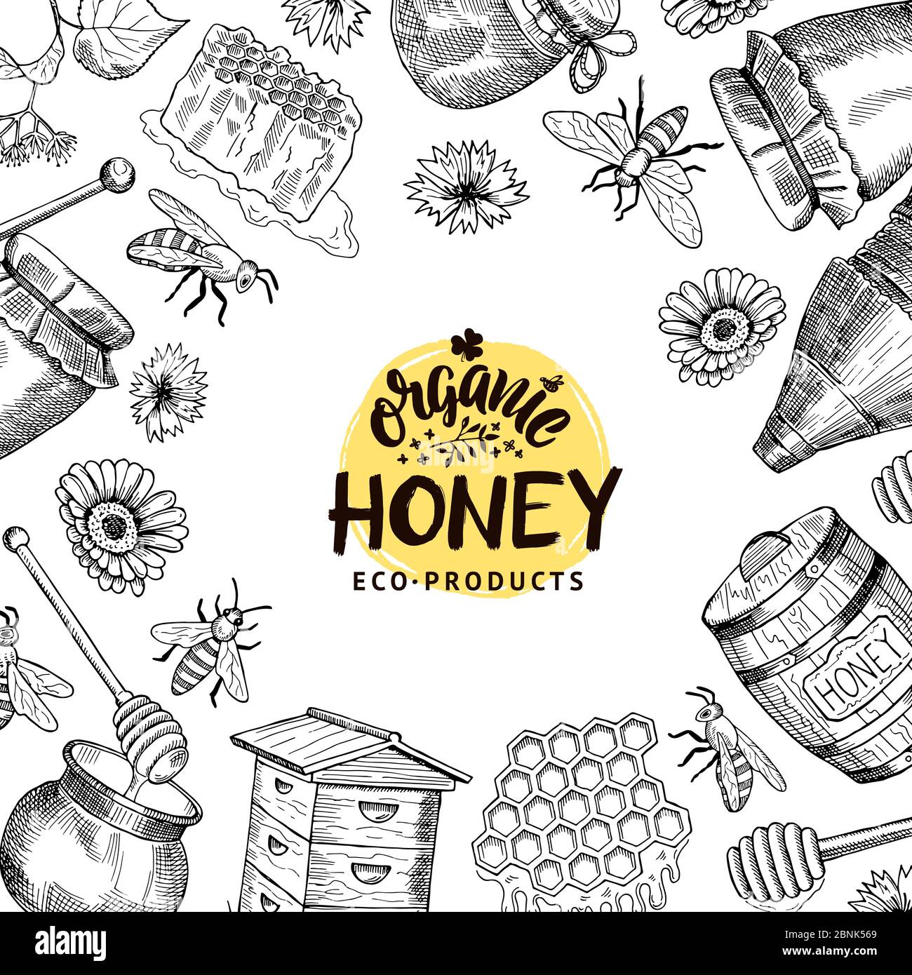 Vector background with sketched honey elements Stock Vector