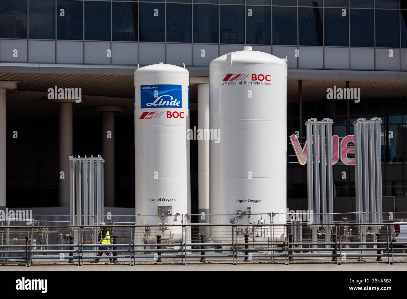 BOC liquid oxygen cylinders outside the Dragon's Heart Hospital at the Principality Stadium in Cardiff, May 2020. Stock Photo