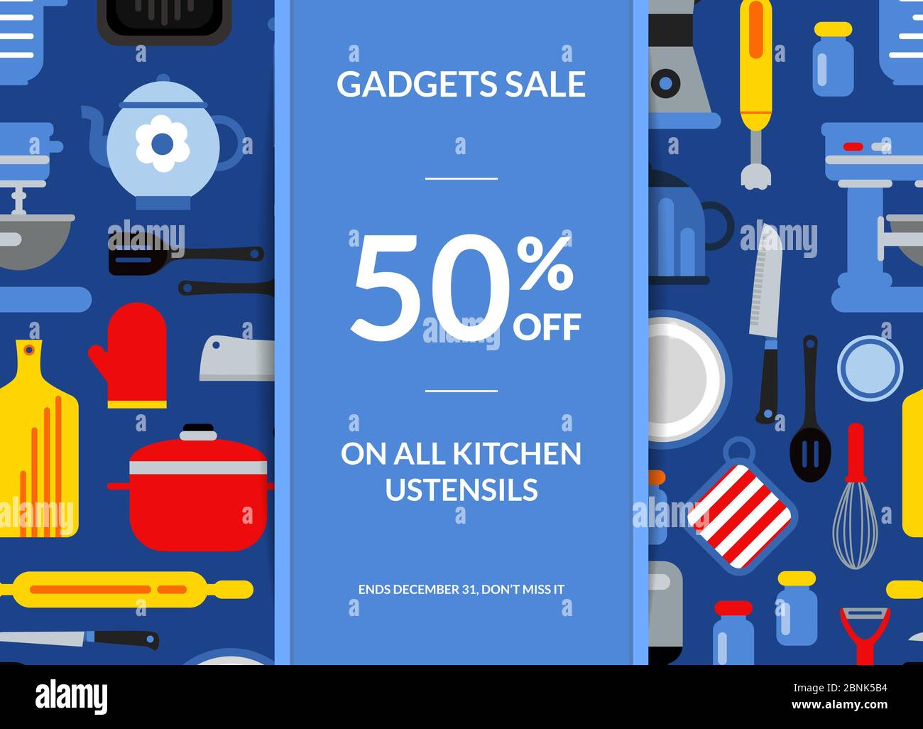 Vector flat style kitchen utensils sale background illustration Stock