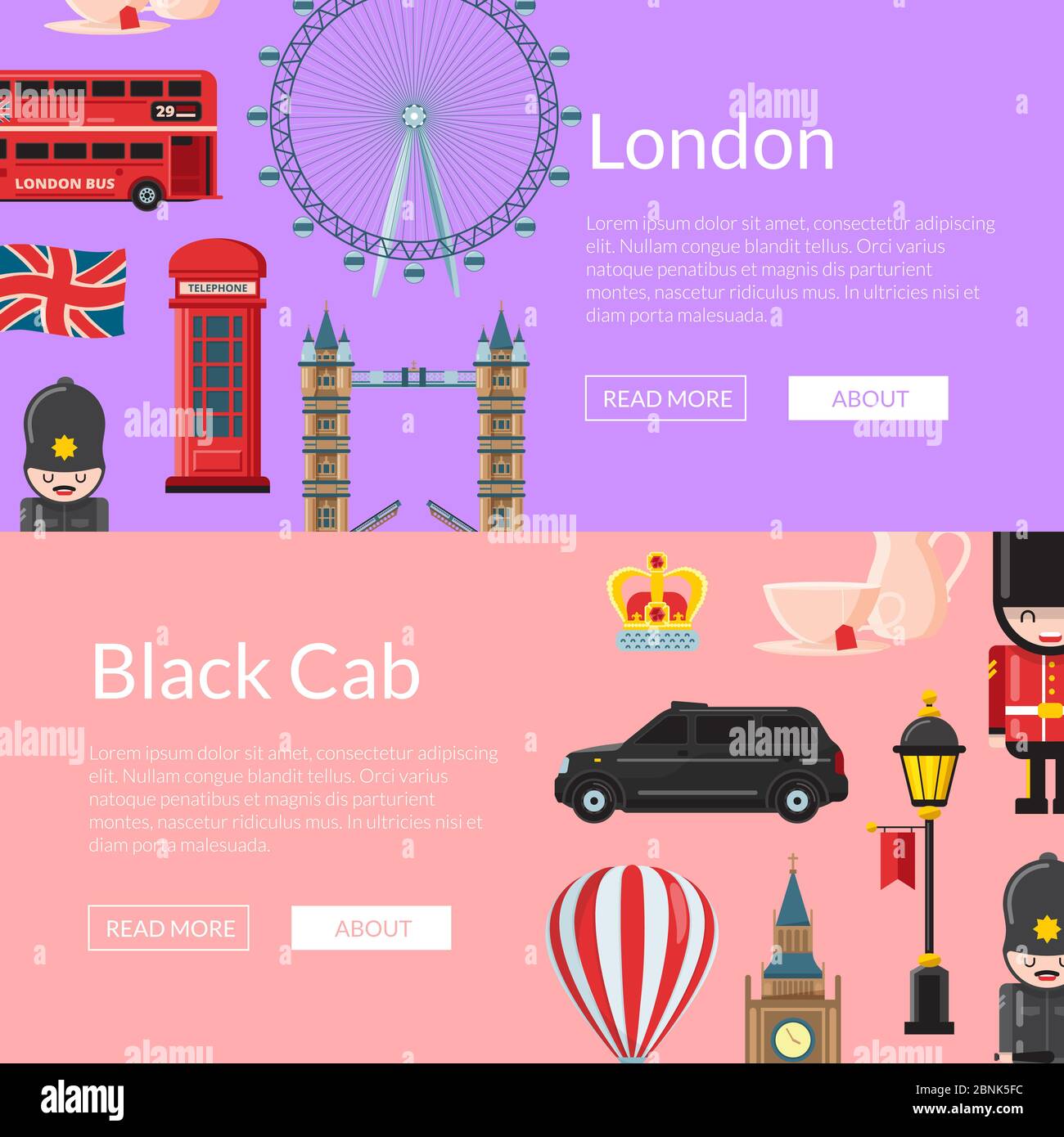 Vector cartoon London sights banners illustration Stock Vector